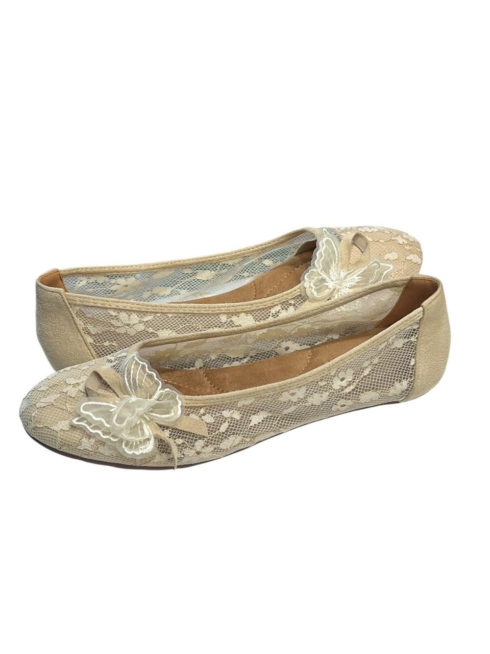 Lace Beige Flats with Butterfly Embellishment- Size 9